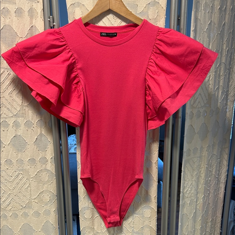 Zara Pink Ruffled Bodysuit Medium